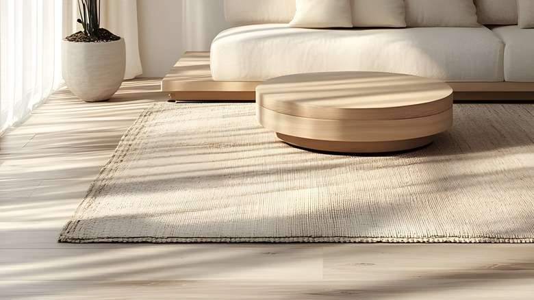 Chiếc ghế dài màu trắng hiện đại trong căn phòng trung tính với chậu cây lớn