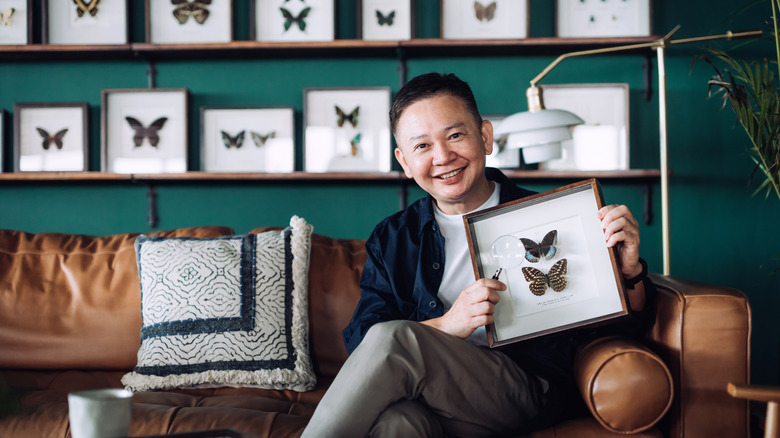 Người đàn ông giơ một khung với hai con bướm trên ghế sofa phòng khách da nâu của mình với kệ của những con bướm đóng khung khác trên teal phía sau anh ta