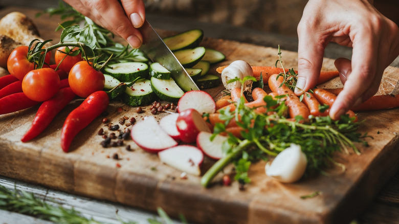 Tay cắt rau trên thớt