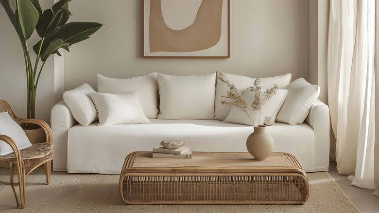 Phòng khách sang trọng yên tĩnh với những bức tường màu be, ghế sofa trắng và đồ nội thất Rattan