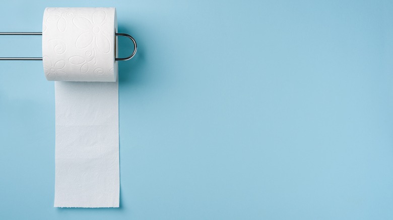 một cuộn giấy vệ sinh trên nền màu xanh