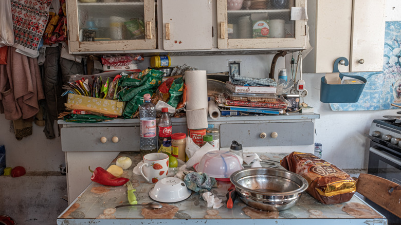 Nhà bếp với quầy và đảo bừa bộn