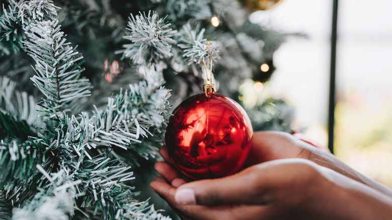 hai tay ôm đồ trang trí cây thông Noel màu đỏ với một cây thông giả phủ sương phía sau