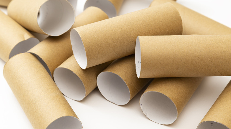 Những cuộn giấy vệ sinh rỗng được xếp chồng lên nhau