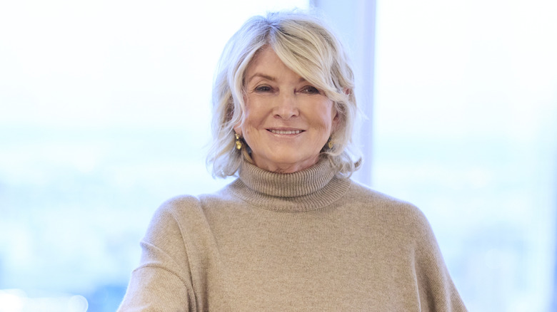 Martha Stewart mặc áo len cao cổ màu be và mỉm cười trước cửa sổ lớn.