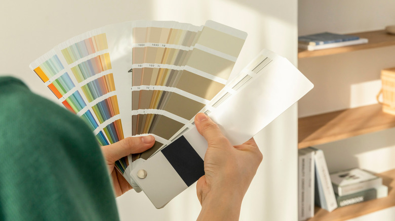 Một người đang xem qua các mẫu sơn trong phòng khách