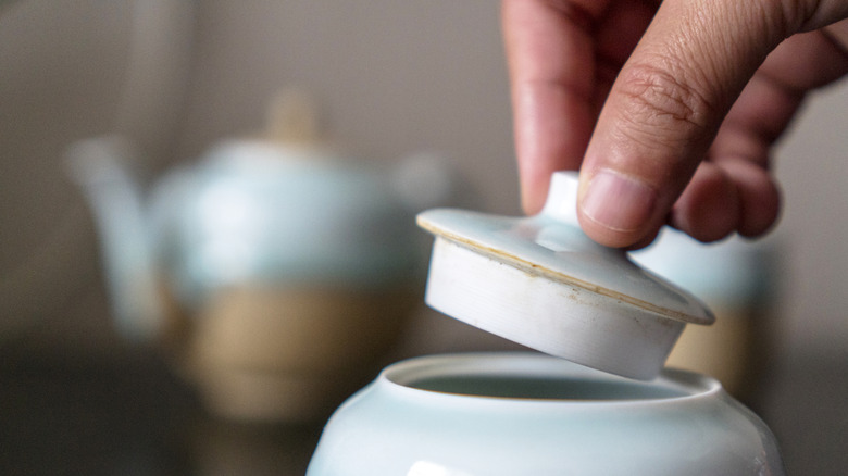 tay nắm lấy nắp ấm trà gốm