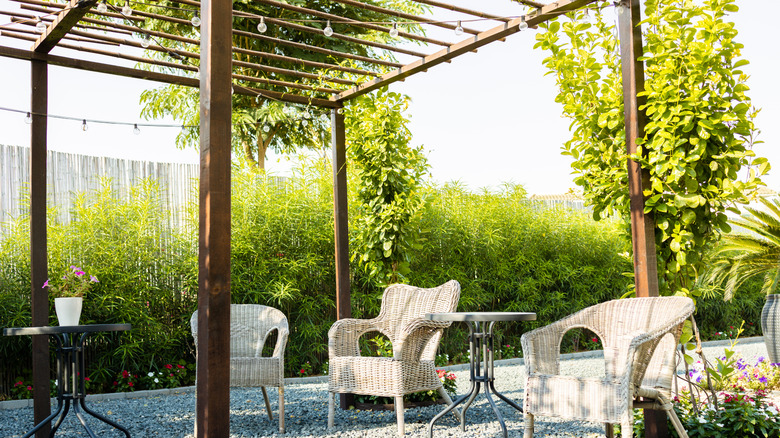 Sân hiên ngoài trời mở có giàn che và chỗ ngồi.