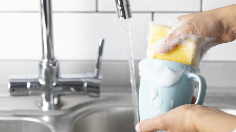 Một người rửa cốc cà phê màu xanh không có nhãn hiệu