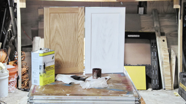 Hai cánh cửa tủ có lớp hoàn thiện cơ bản và các dụng cụ ở phía trước