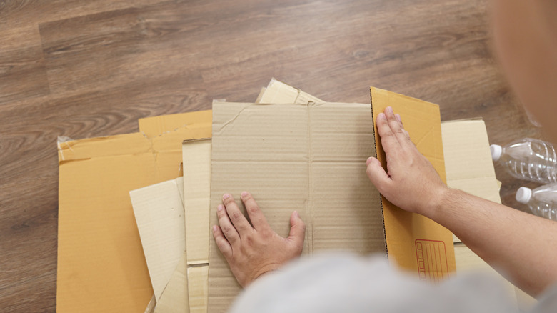 Người làm phẳng hộp các tông trên sàn nhà